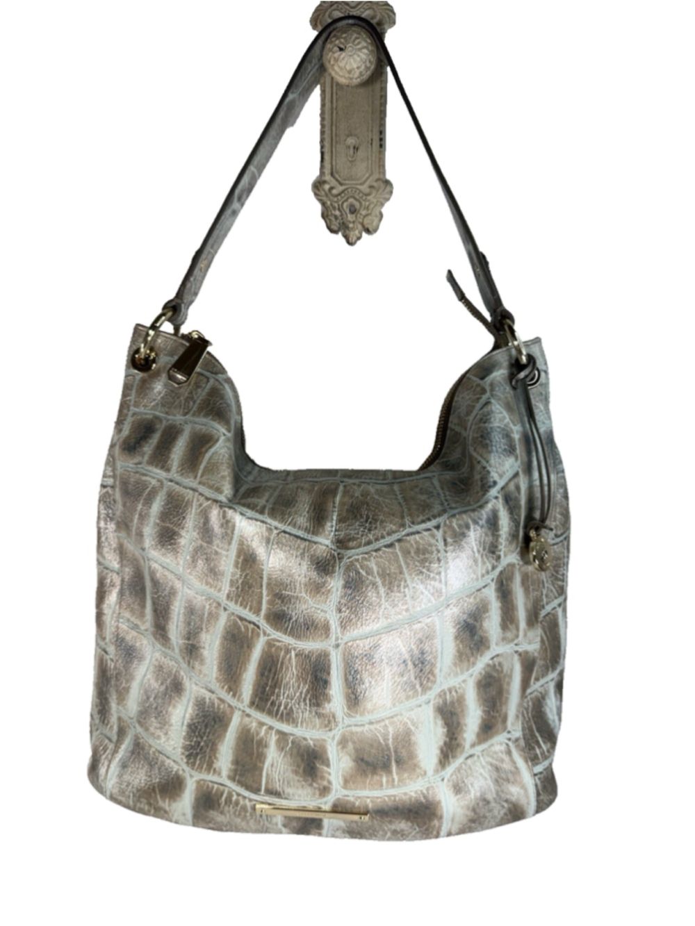 Brahmin Thelma Pewter Aqua Majorelle Handbag Shoulder Bag Genuine Leather